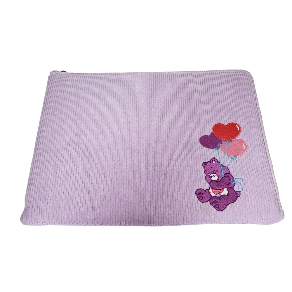 Care Bears Share Bear Lavender Corduroy Laptop Sleeve Padded Case Heart Zipper